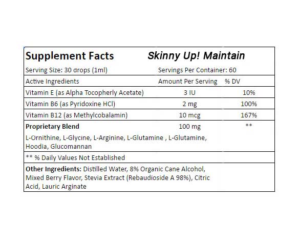 The all natural Supplement Facts for Skinny Up!® Maintain weight loss drops